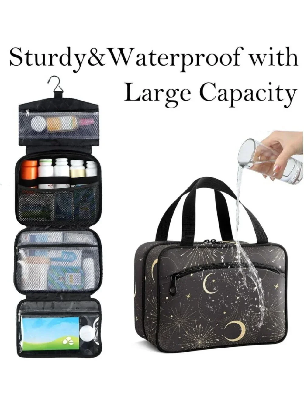 Stylish Black & Gold Celestial Moon Travel Toiletry Bag - Portable Organizer for